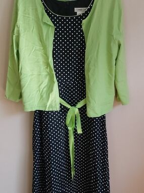 Coldwater Creek Polka Dot Dress with Lime Green Tie Cardigan